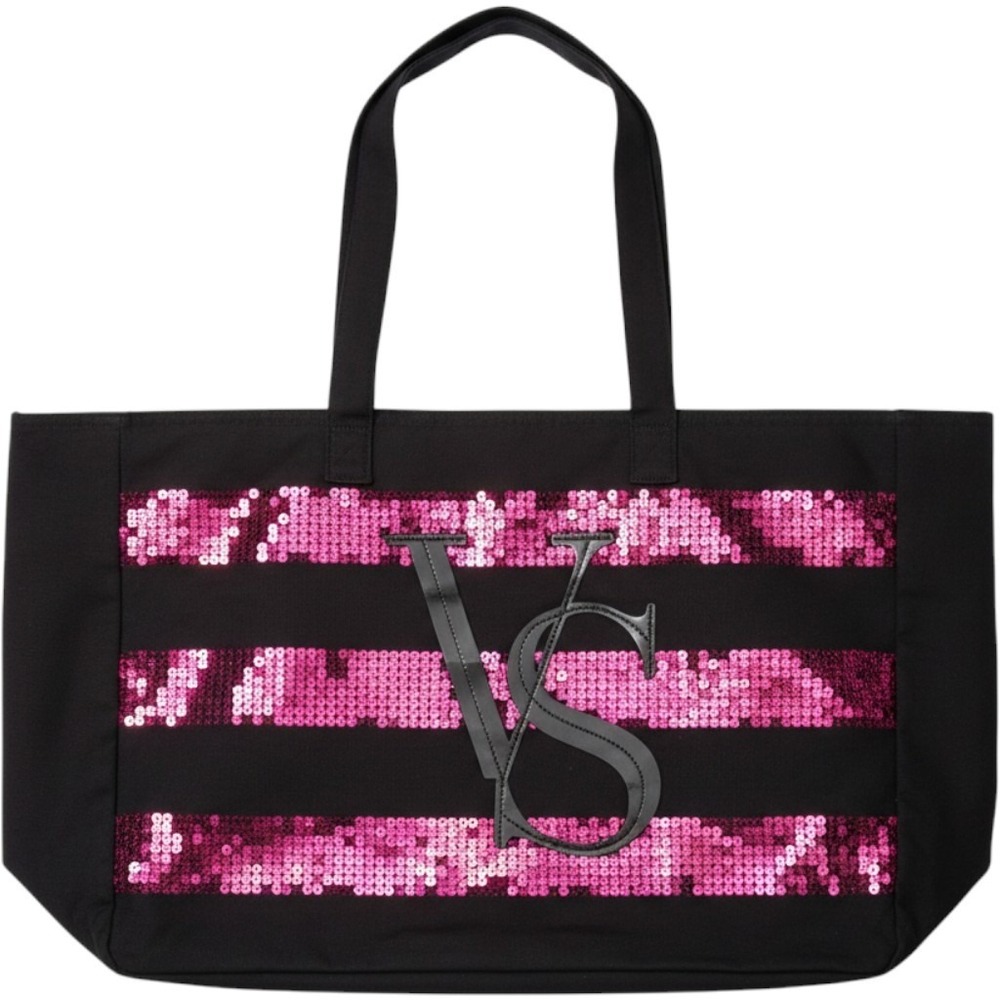 Victoria's Secret Black Canvas Tote Bag Pink Sequin Stripes VS Logo Large Zip